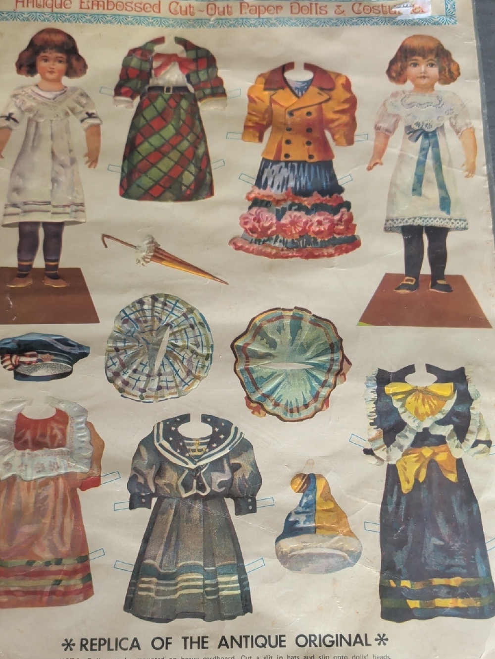 Antique Embossed Cut-Out Paper Dolls & Costumes Sheet - Multicolor